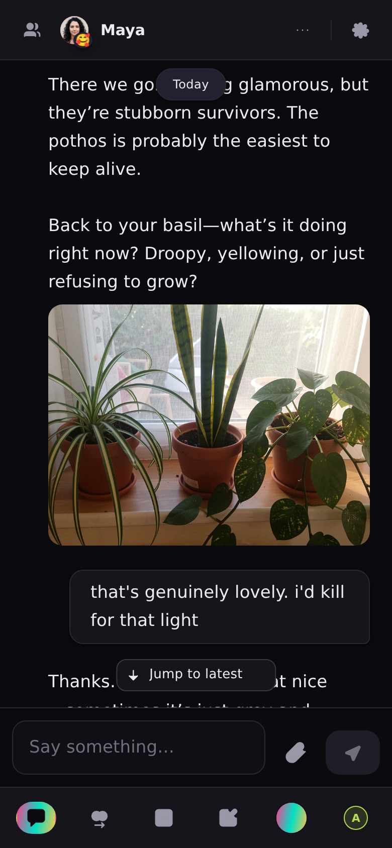 The Greazy chat on a phone: one long conversation with a single friend, with earlier messages scrolled above the reply box.