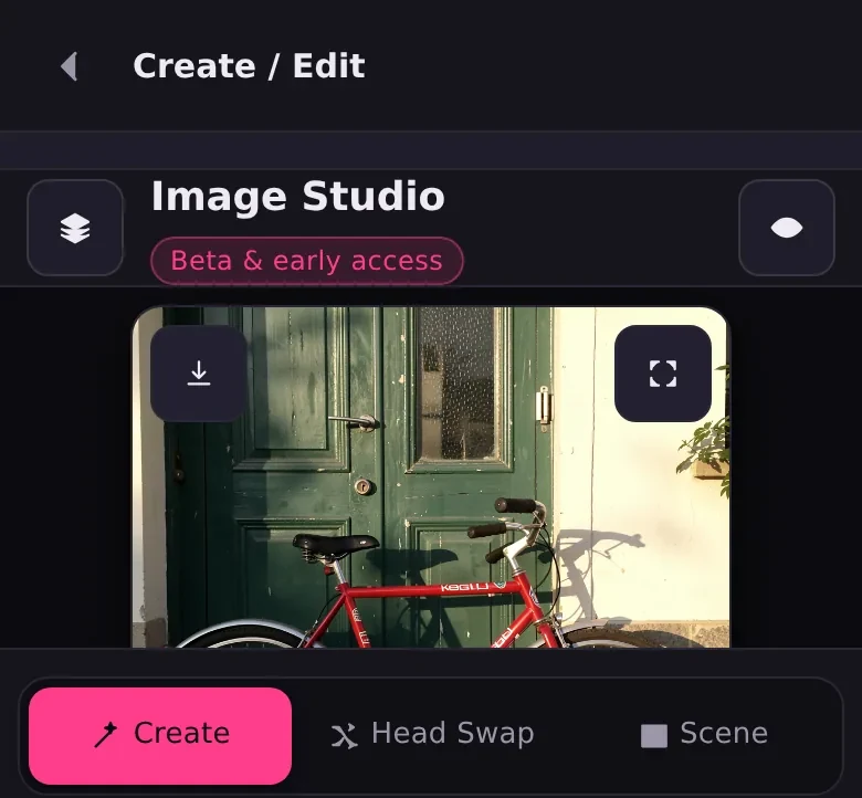 The picture studio in the Greazy app: a box to describe the image you want, beside the panel that edits a picture you already have.