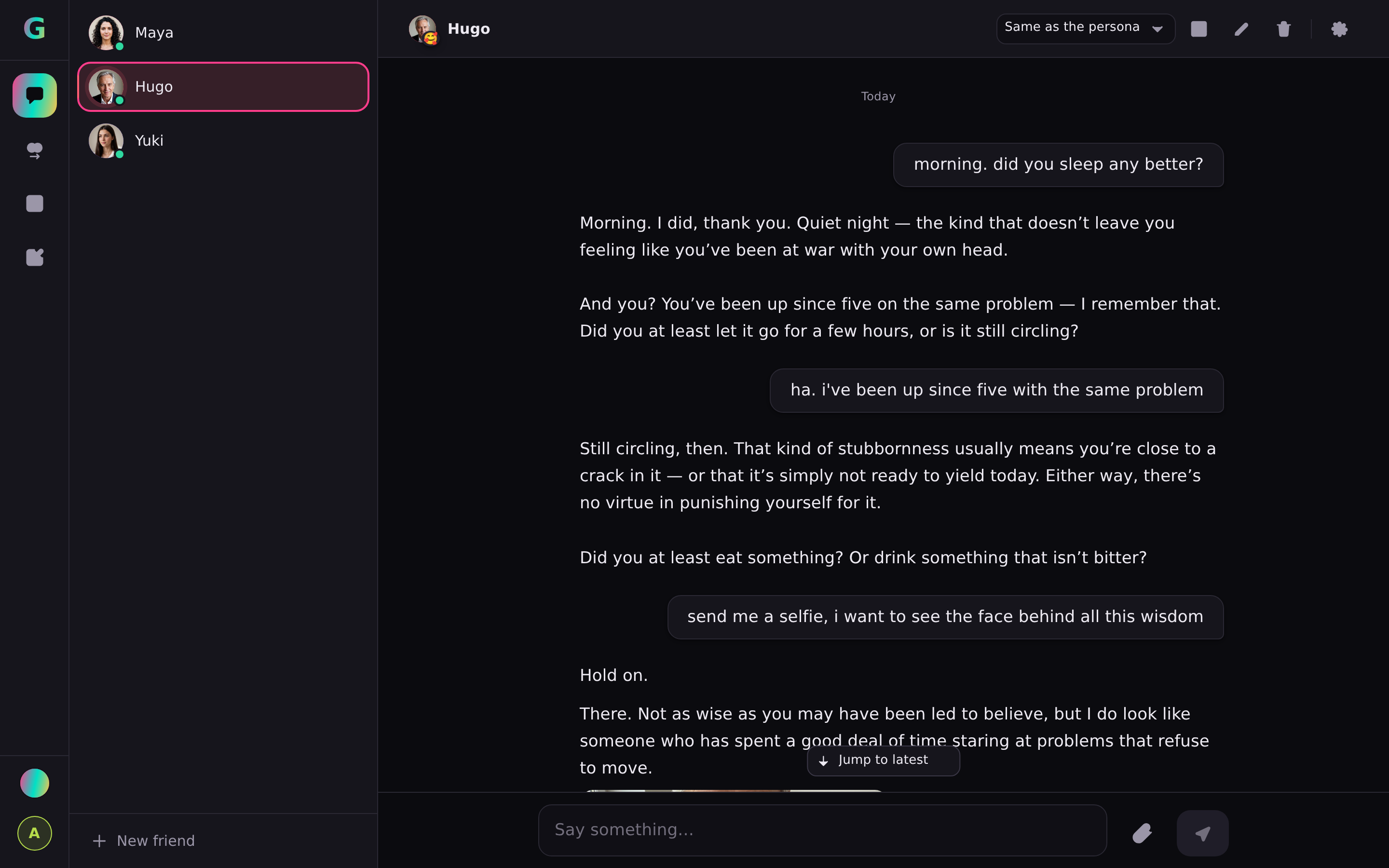A conversation in the Greazy app: asked how he slept, the companion answers and then asks about the problem that has kept the user up since five — something he was told in an earlier conversation, not this one.