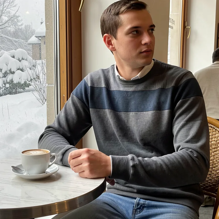 The same photograph with heavy snow falling outside the window; the man, the table and the room are unchanged.