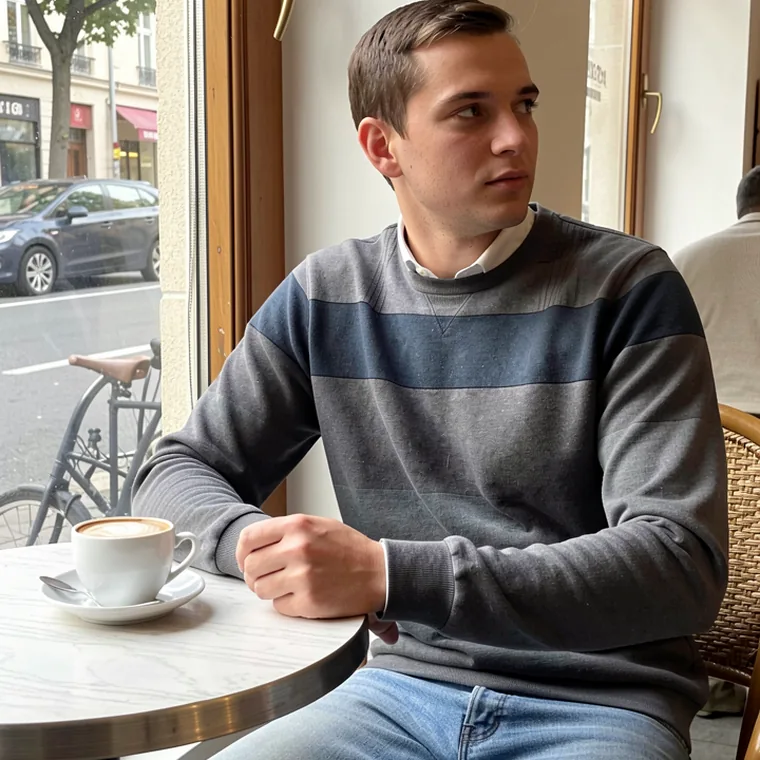 A man at a cafe table, a city street visible through the window behind him.
