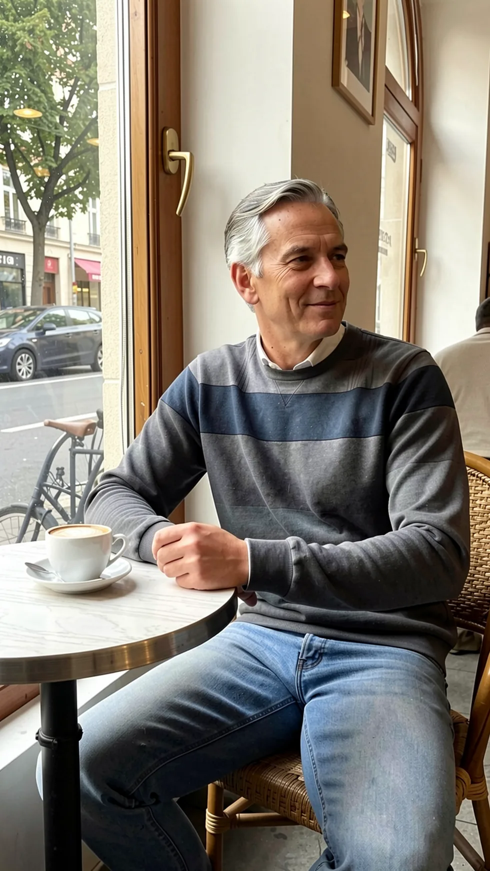A man at a cafe table with an entirely different head, including hair, on his own body.